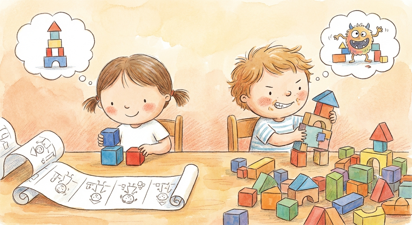 Two kids building with Legos -- one organized, one chaotic. Same goal, different process.