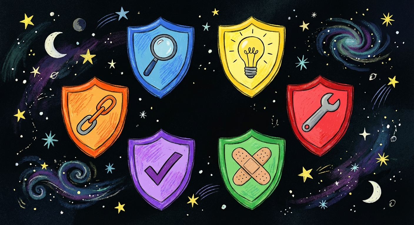 Six colorful skill badges arranged like superhero shields.