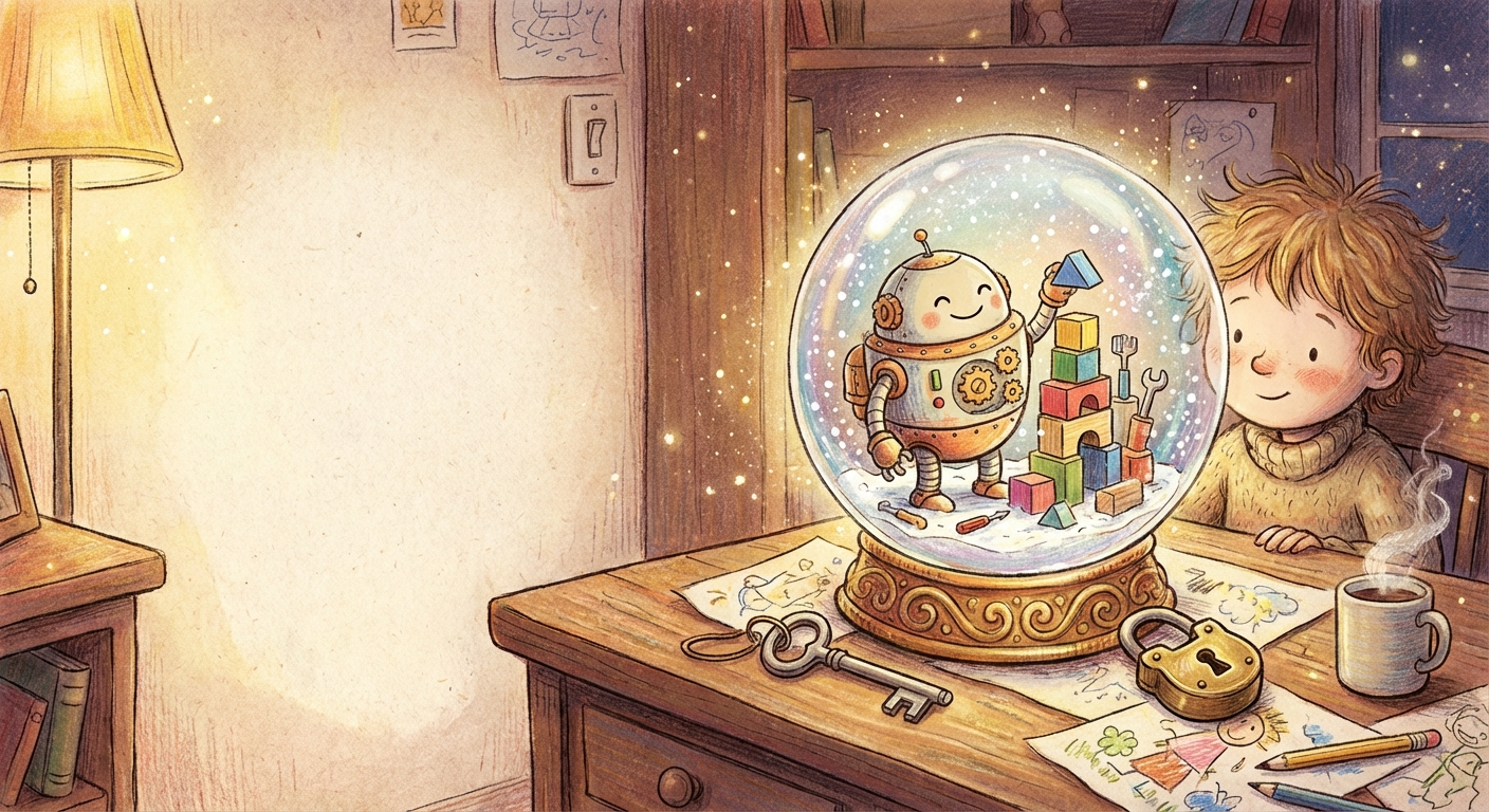 A robot happily building inside a magical snow globe while a child watches safely from outside.