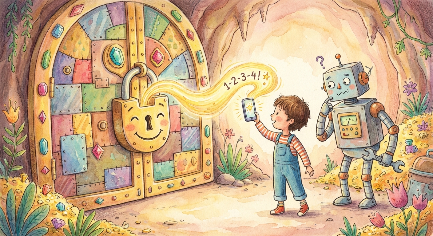 A treasure vault with a giant lock. A child holds up a glowing phone code while a robot waits nearby.
