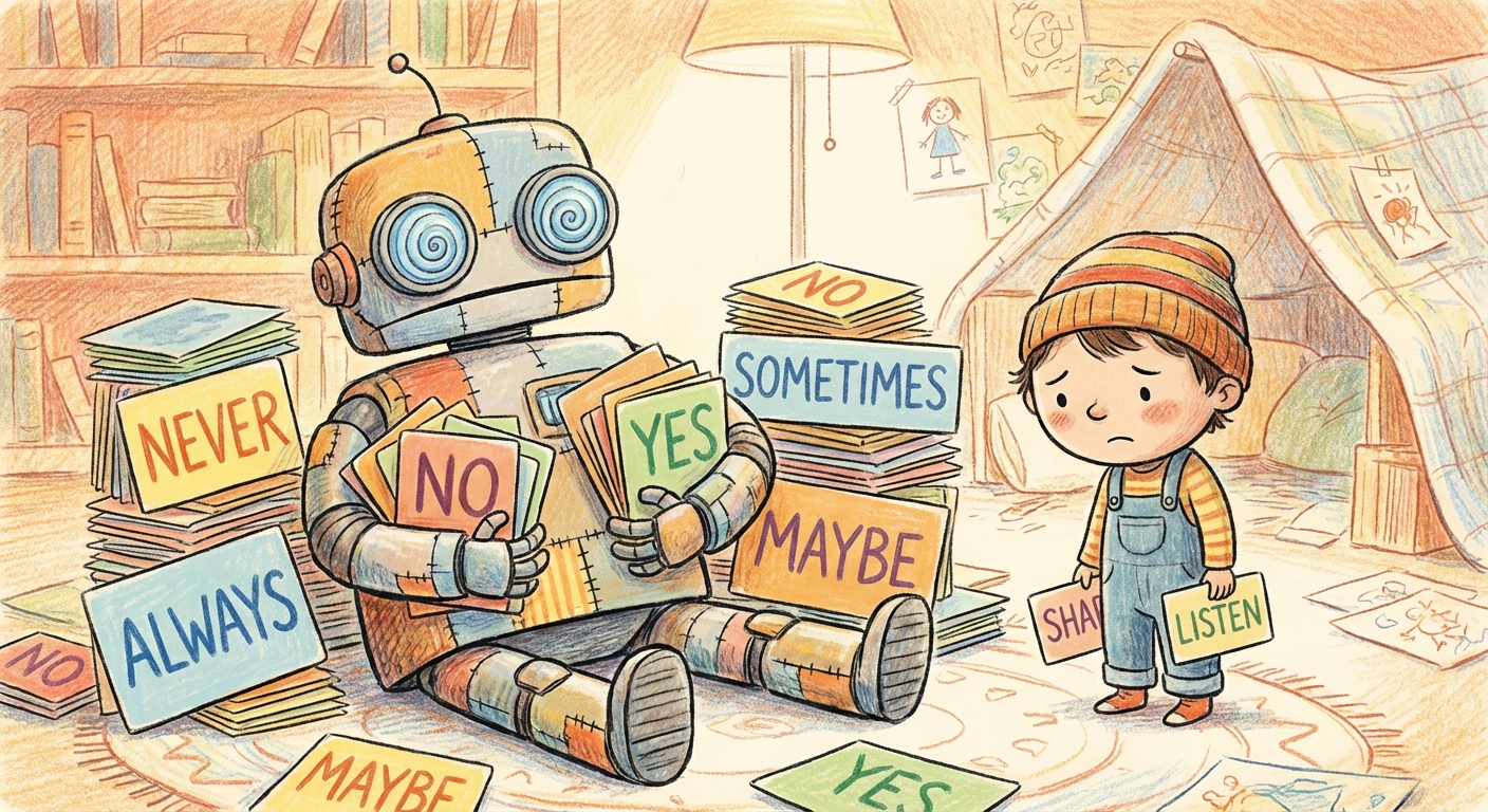 An overwhelmed robot sits buried under towering stacks of colorful rule cards while a child nearby holds just a few cards calmly.