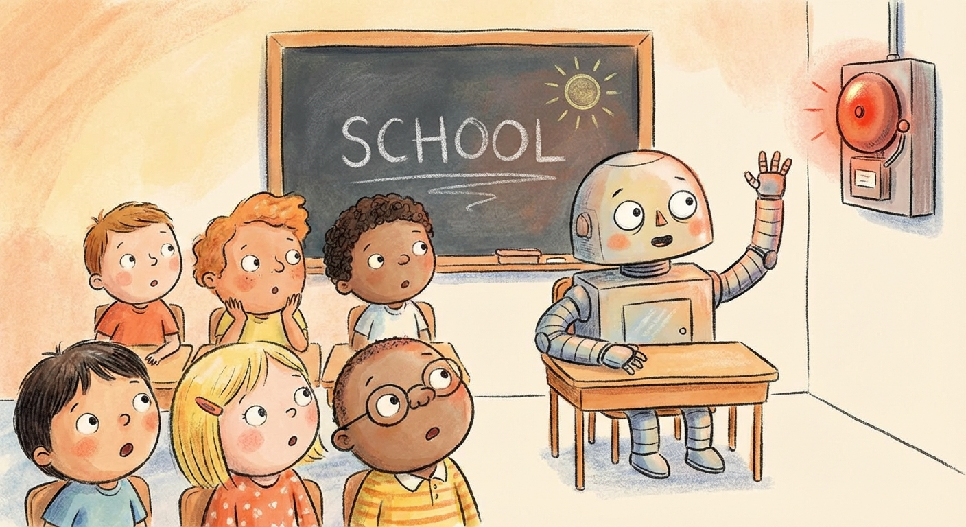 A conflicted robot in a classroom raises its hand while a fire alarm flashes red on the wall behind it.