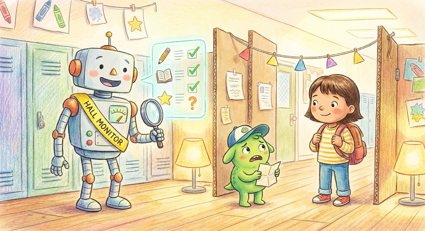 A robot hall monitor uses a magnifying glass to inspect a suspicious note held by a small messenger in a school hallway.