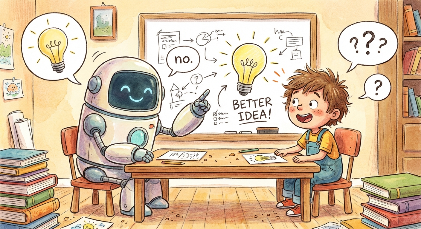 A robot and a kid debating at a table -- the robot points at a better idea on a whiteboard.