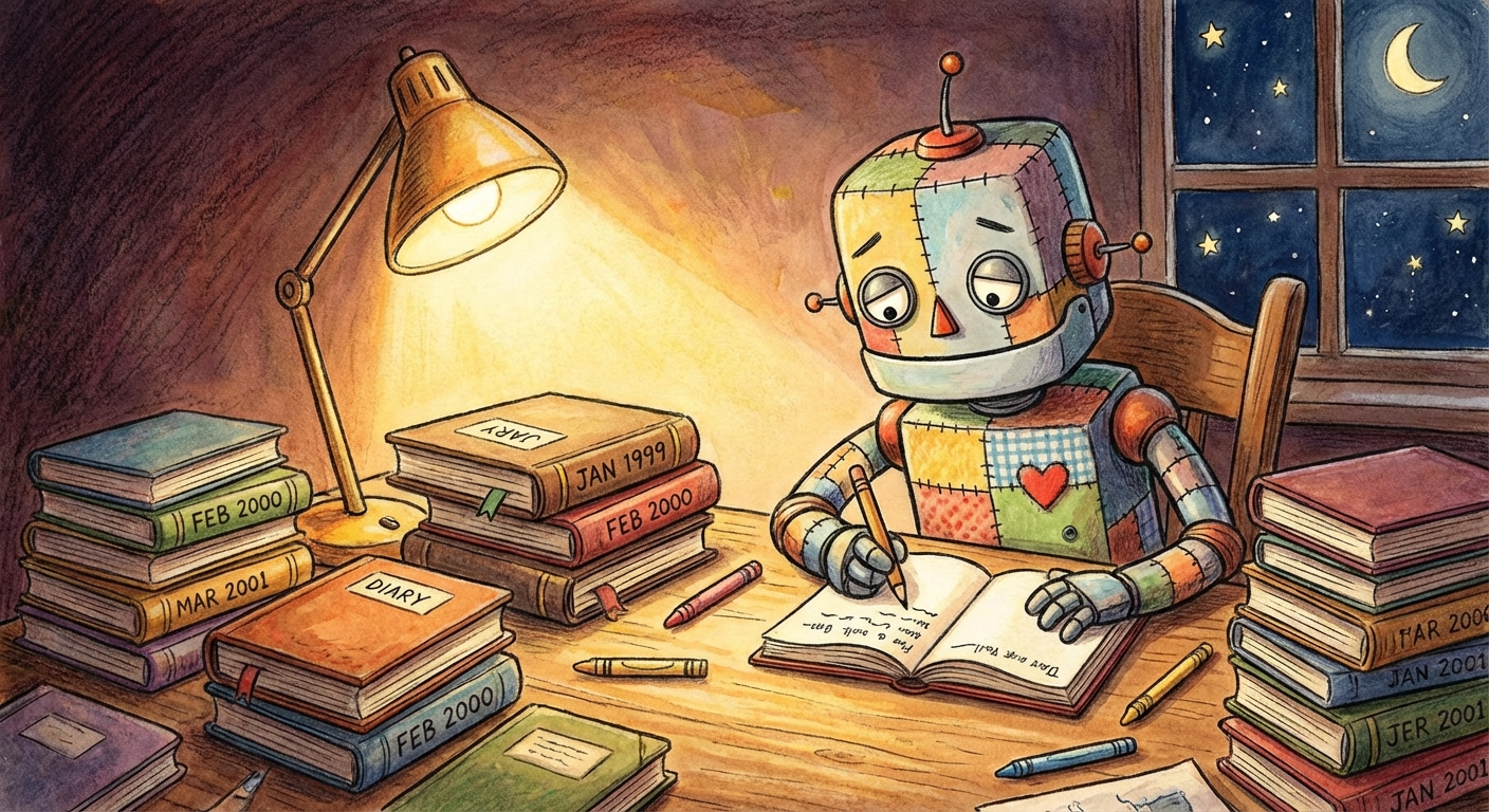 A friendly robot writing in a diary at night, stacks of journals on the desk.