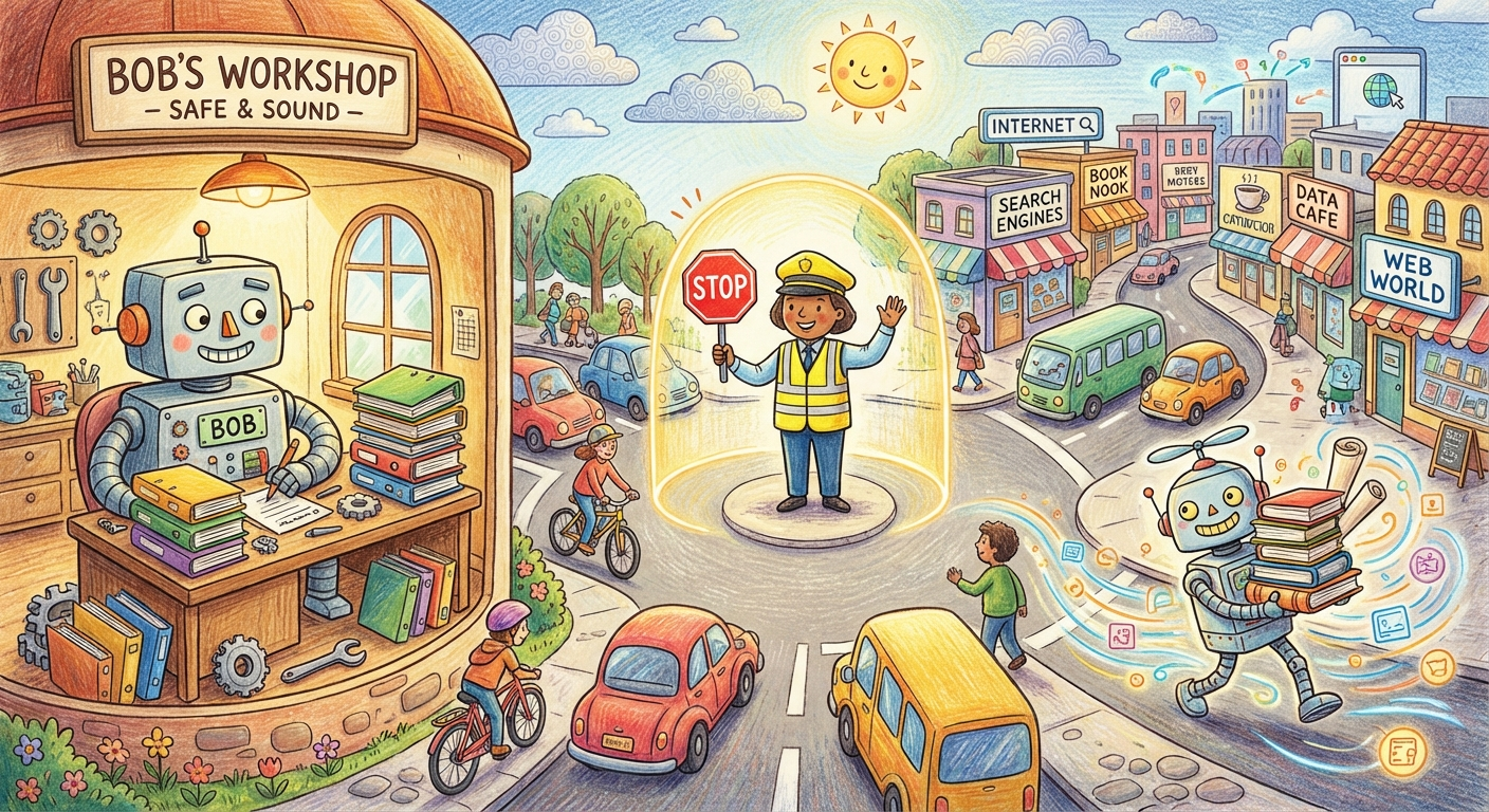 A crossing guard stands at an intersection between a robot's safe workspace and the busy internet town, directing the safe flow of information.