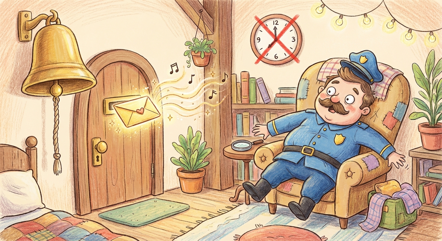 A guard character wakes up instantly when a doorbell rings as a new note arrives in the inbox, replacing the old method of checking on a timer.