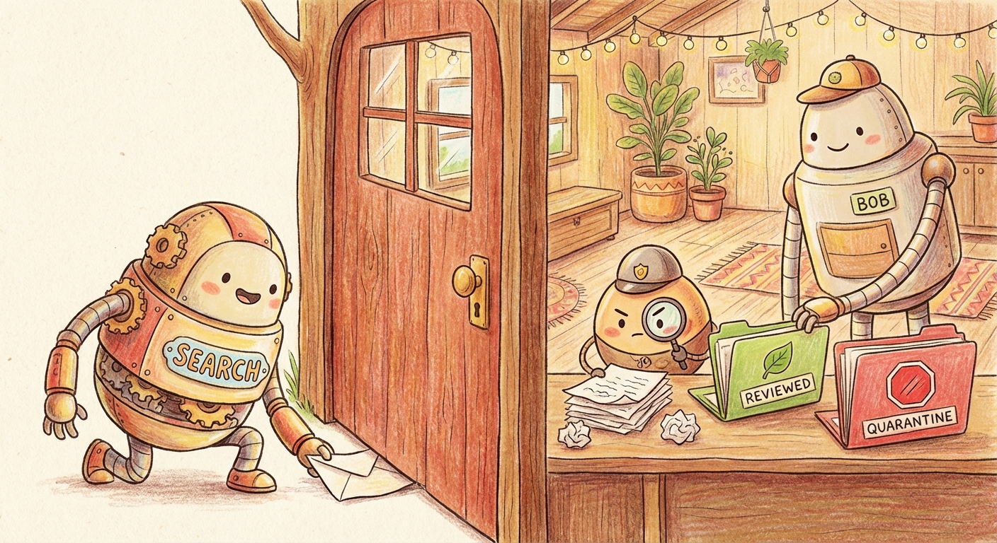 A guard character with a magnifying glass sits between two robots, inspecting notes passed under a door before sorting them into safe and quarantine folders.