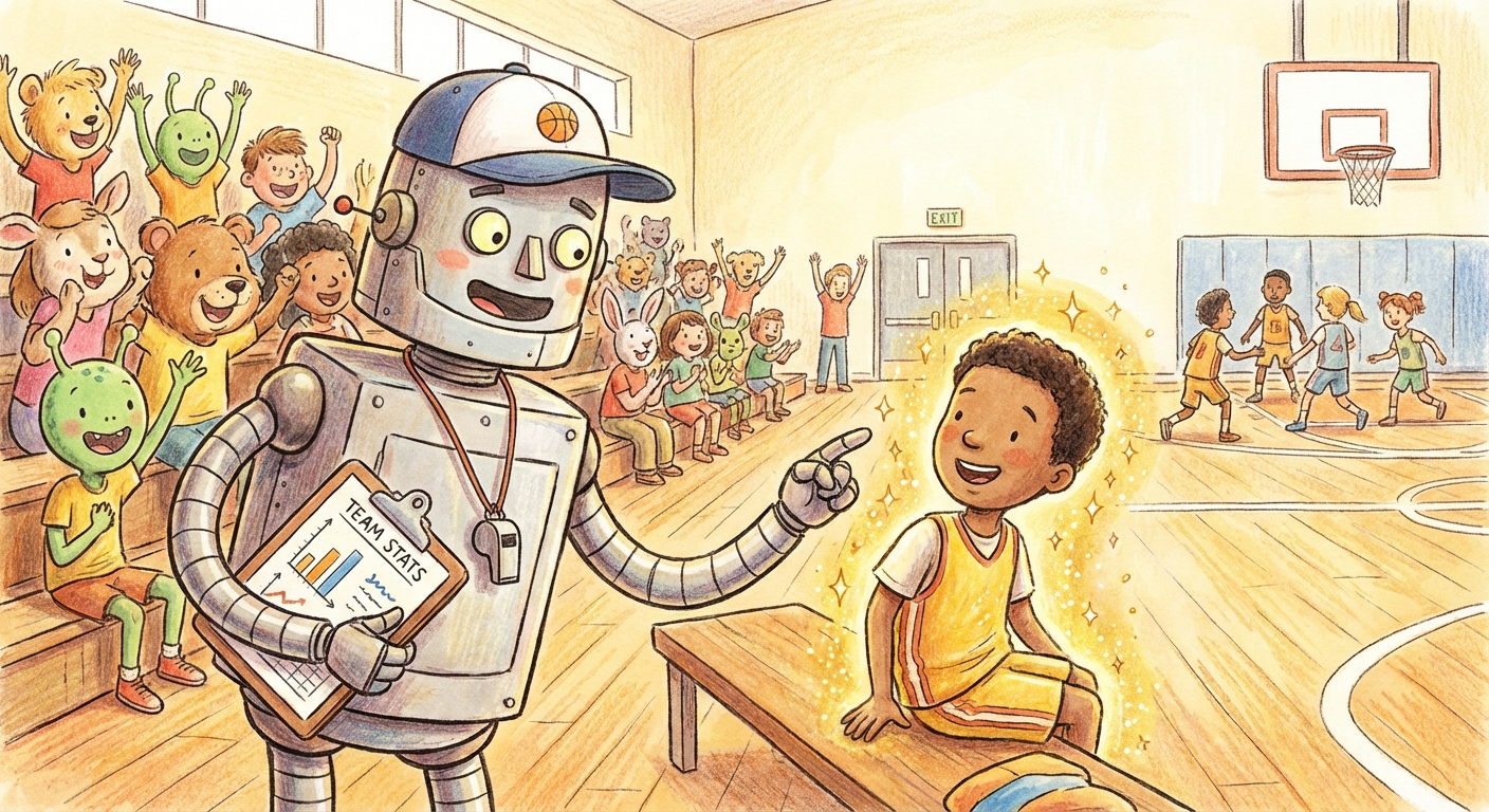 A friendly robot scout with a clipboard and whistle, standing courtside at a basketball game, pointing at a glowing player on the bench.