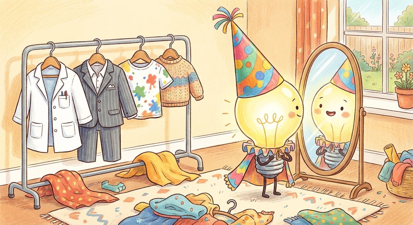 A lightbulb character trying on different costumes -- lab coat, business suit, party outfit, tiny kid-sized outfit.