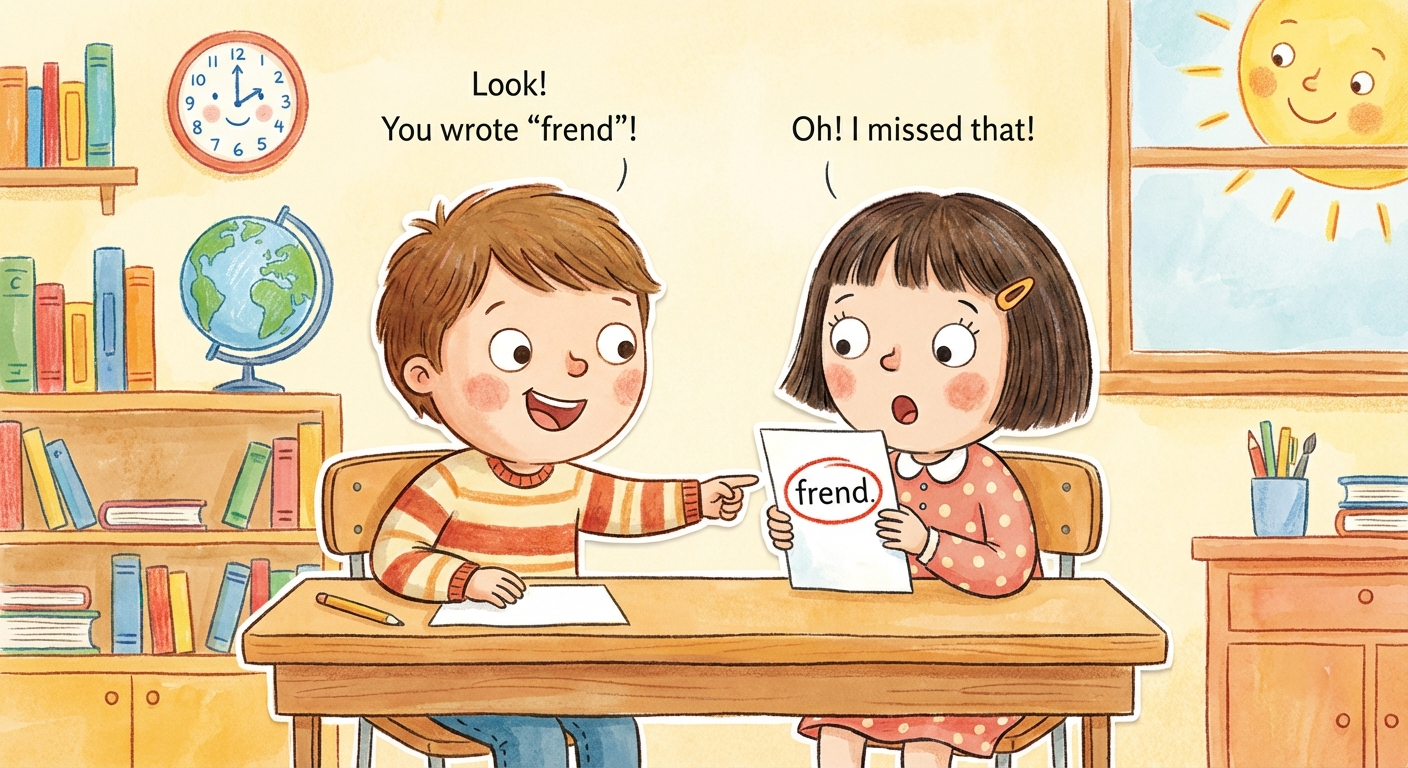Two children swap their school essays at a desk — one points at a mistake on the other's paper with a big smile, while the author looks surprised.