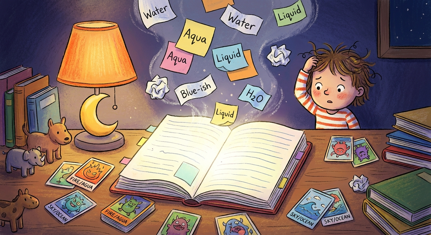 A child looks confused beside a glowing notebook covered in mismatched labels and scattered trading cards on a nighttime desk.