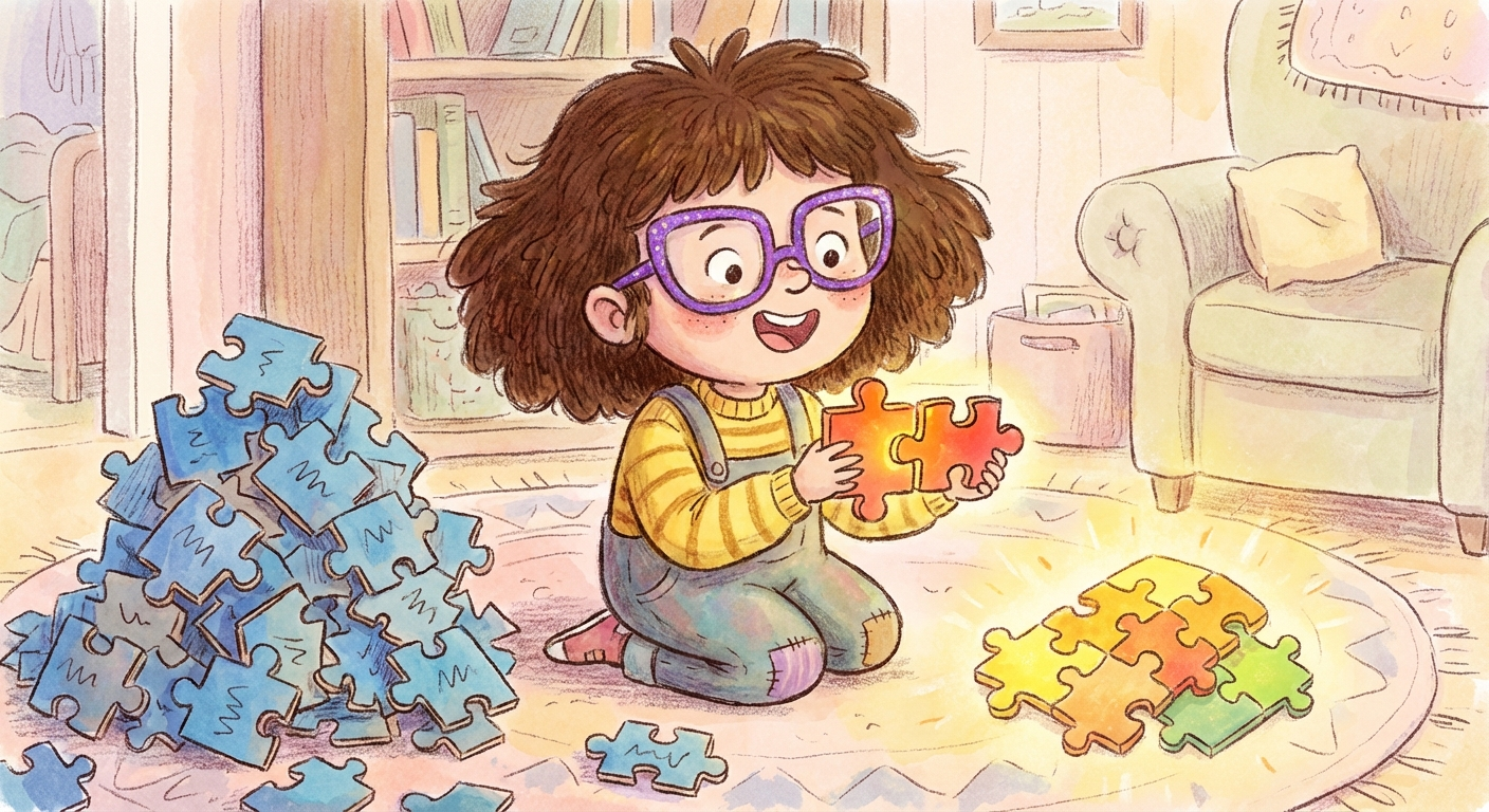 A child wearing big glasses happily finds two perfectly matching puzzle pieces beside a messy pile of mismatched ones.