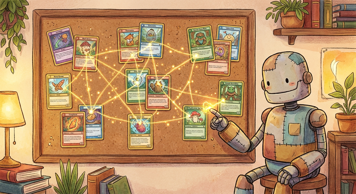 The same idea cards, now organized on a board with glowing golden threads connecting related ones. A friendly robot points at a connection.