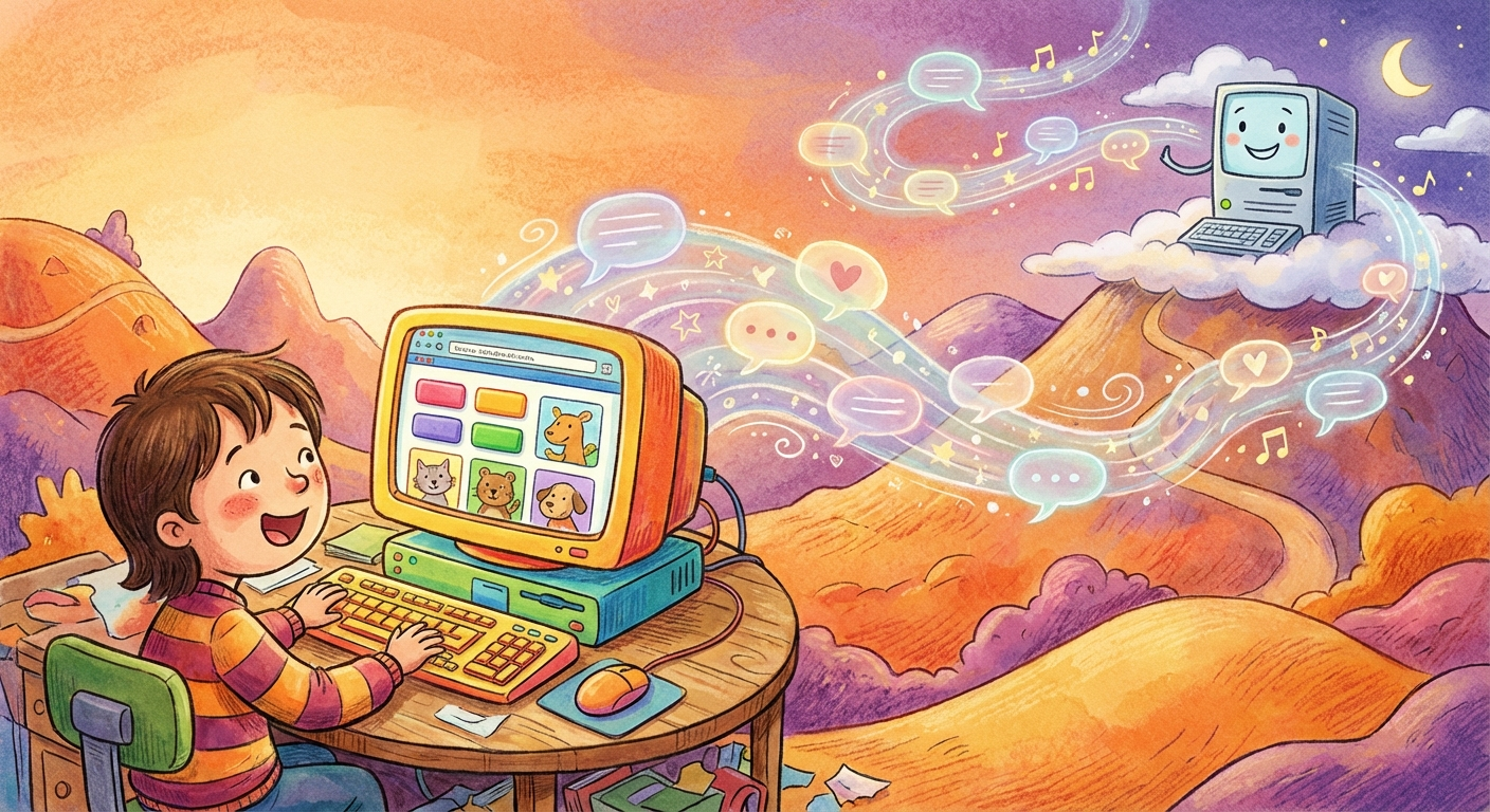 A child at a computer sends invisible whispered messages through the air to a distant server on a hilltop, which whispers back.