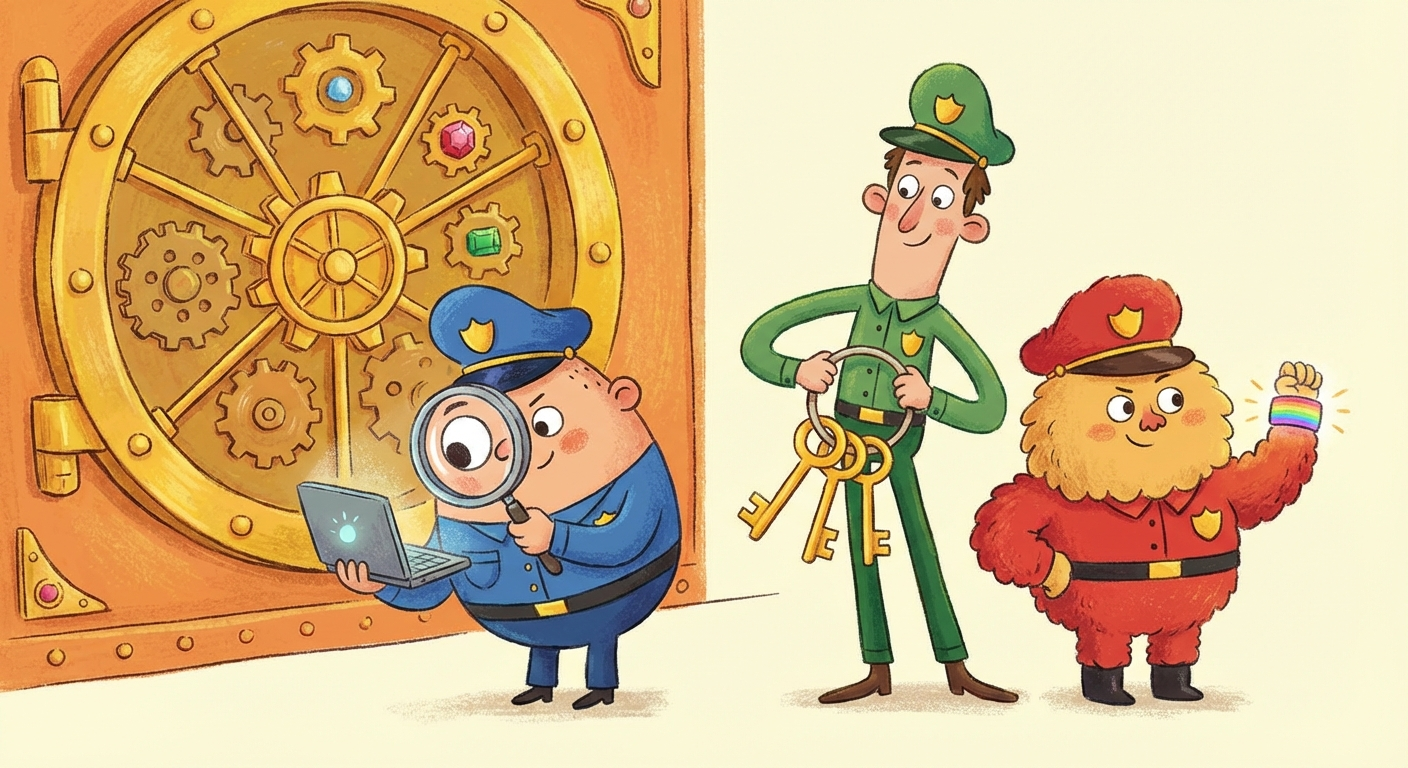 Three expressive guards stand before a vault door, each holding a different security item: a magnifying glass, a ring of keys, and a glowing wristband.