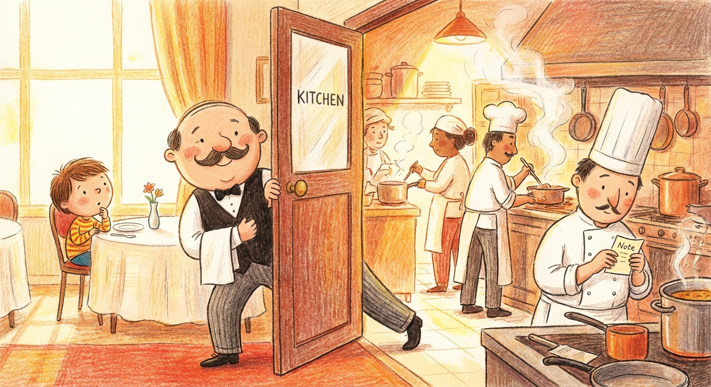 A waiter walks through swinging doors from a colorful dining room into a busy kitchen, with a curious child watching from a table.
